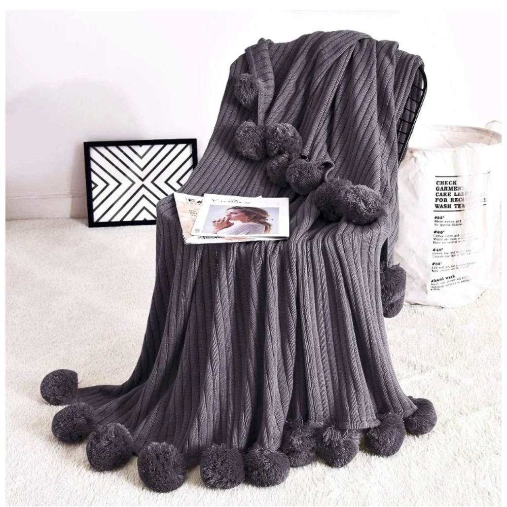 Trendy Dark Grey Pompom Fringe Chic Cozy Soft Throw Blanket/Cover Dorm/Bedroom